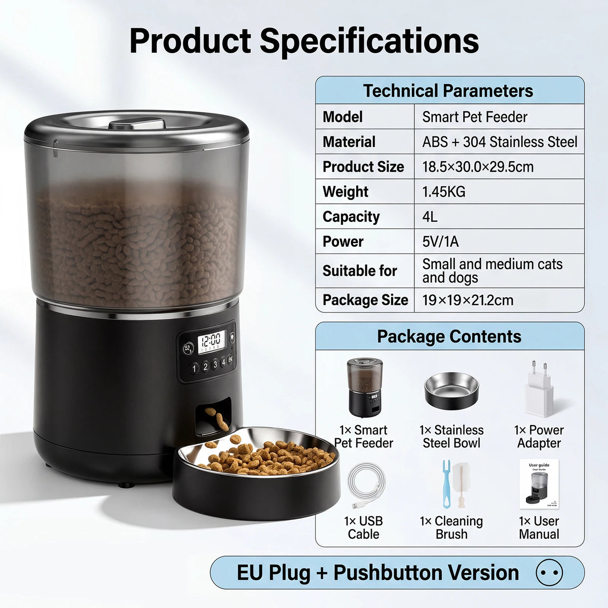 Smart 4L Automatic Pet Feeder with Stainless Steel Bowl